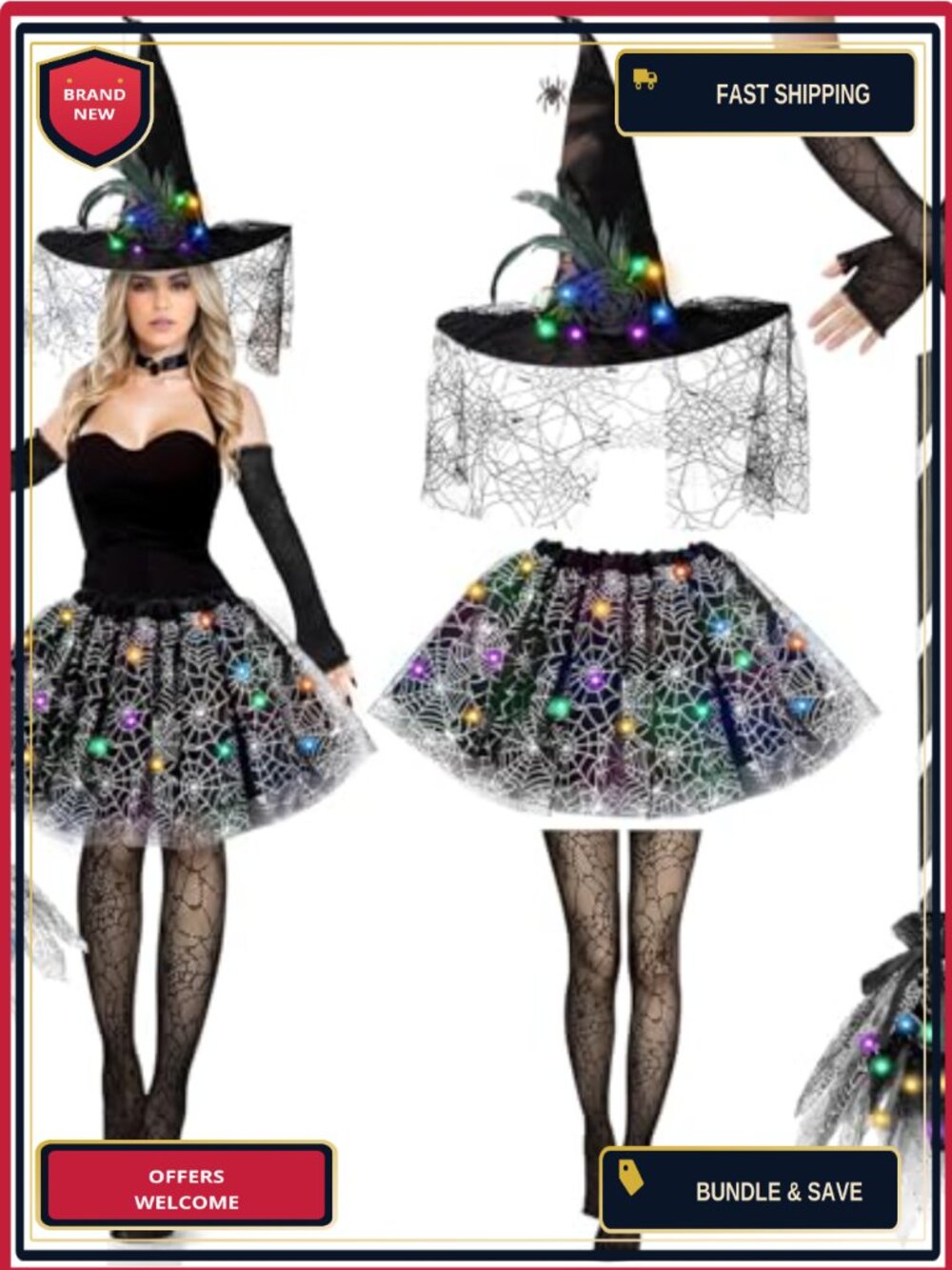 Women's Witch Costume Set 5PCS with Hat Tutu Skirt Broom Stockings Gloves